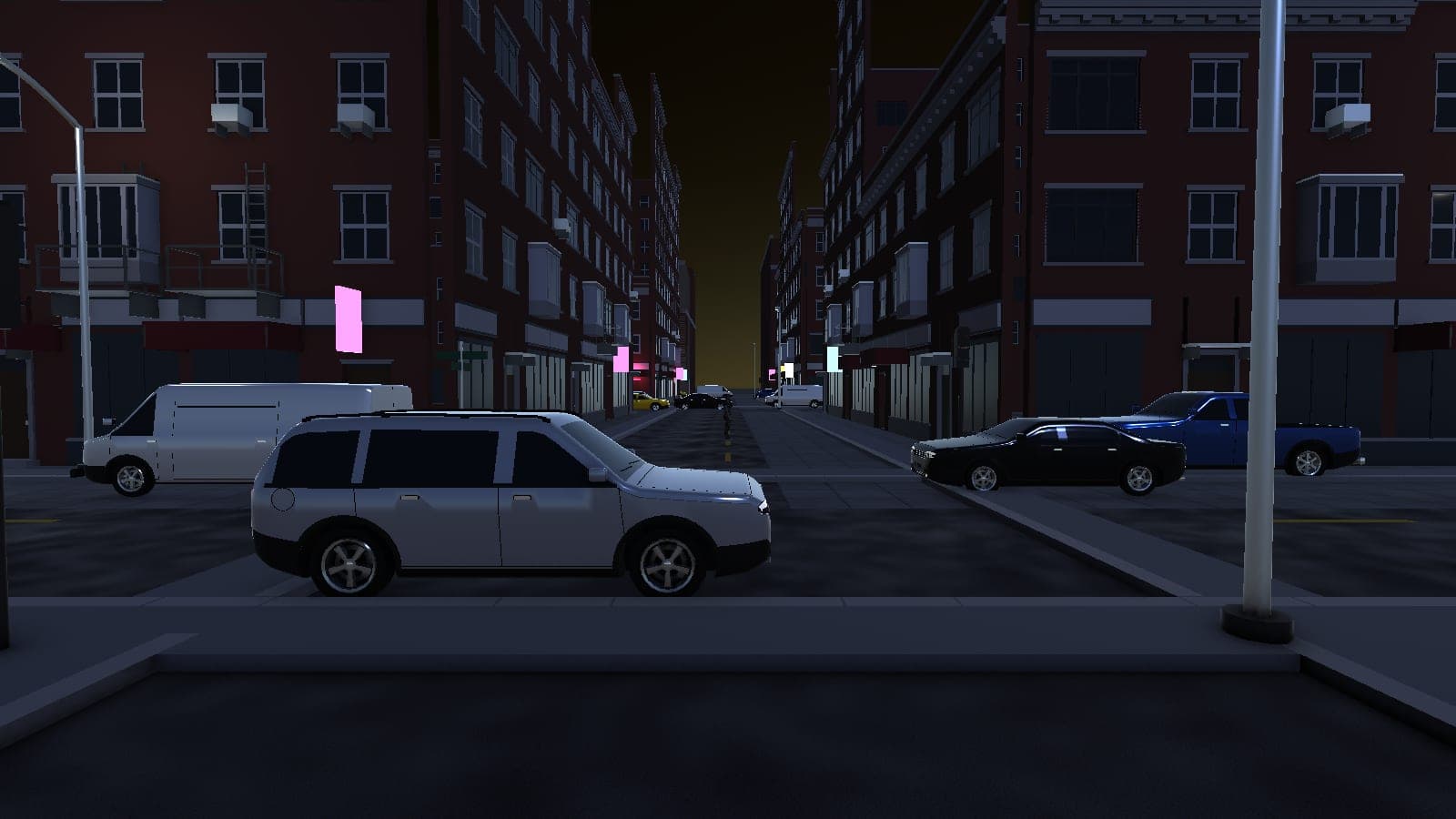 A DC26 city street at night, parked cars along both kerbs and lit signs down the block